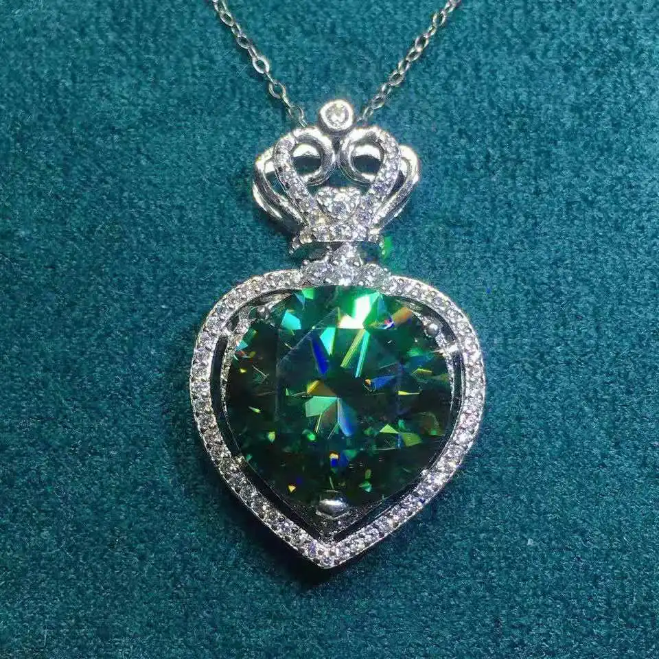 Colgante de diamante Moissan azul-verde de 12 quilates, colgante de gran tamaño, redondo, 15mm, con incrustaciones de azul-verde, accesorios de joyería