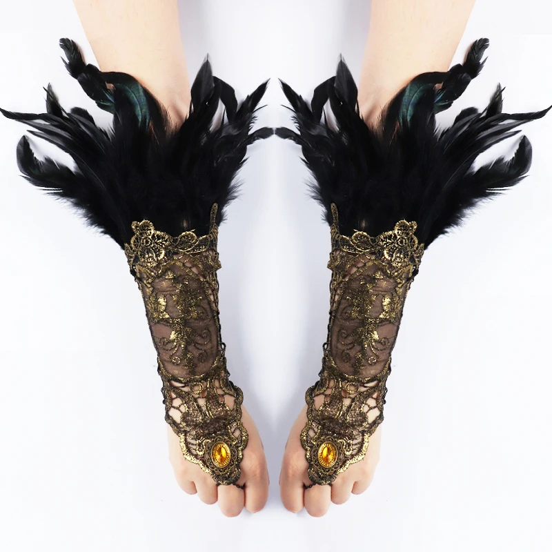 

2pcs Feather Cuffs Showgirl Feather Gloves Lace Embroidery Steampunk Gothic Gloves Stage Shows Dance Party Rave Wear Accessories