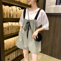 korean fashion summer two piece set women shorts suit short sleeve white tops and wide leg overalls suspender sets outfits e14