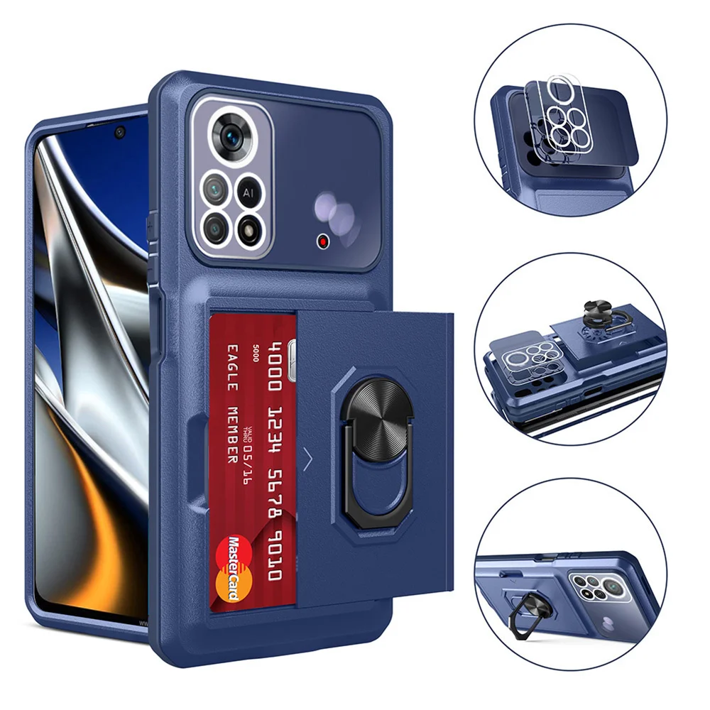 

For POCO X4 PRO 5G X3 NFC Multifunctional Phone Case Cover Camera Lens Protector Card Slot Pocket Kickstand Ring Shell