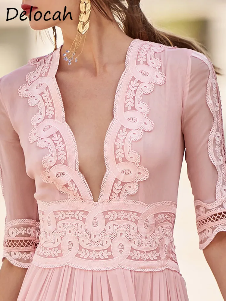 Delocah High quality Summer Women Fashion Designer Long Dress V-Neck Trim Shirred embroidery High Waist Pink A-Line Dresses