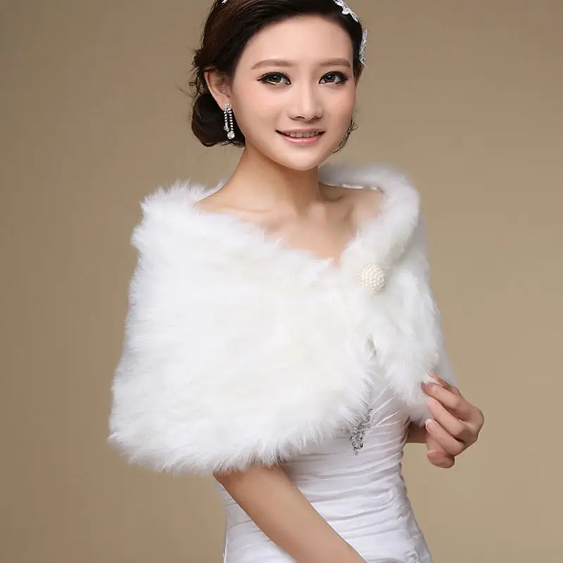 

Womens White Faux Fur Bridal Wrap Stole Shawl Cape Wedding Artificial Pearl Ball Embellishment Winter Jacket Coat Shrug