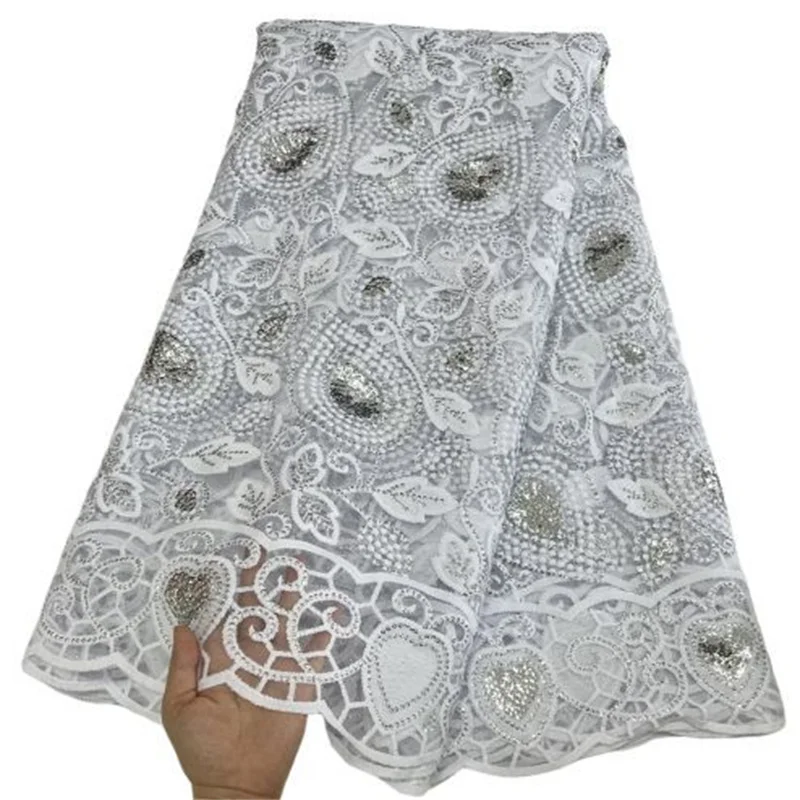 

White Nigerian Heavy Milk silk Lace Fabric Sequins African Lace Fabric 5 Yards French Tulle Lace Fabric Light Sequine