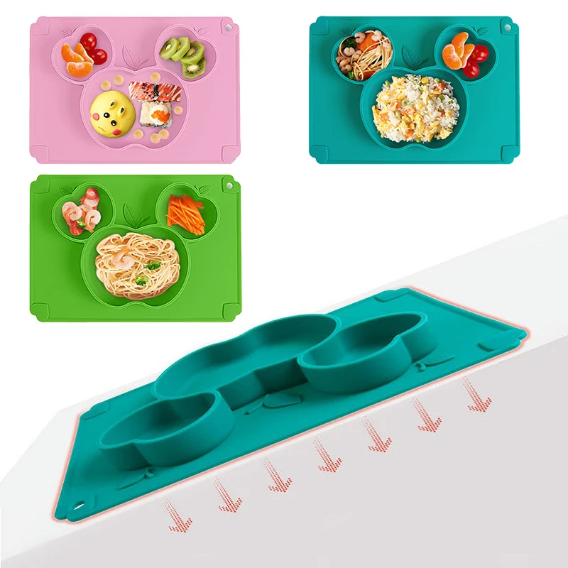 Apple Baby Tableware Silicone Baby Feeding Dishes Spoon Fork Children Suction Plate BPA Free Non-Slip Food Feeding Bowl for Kids