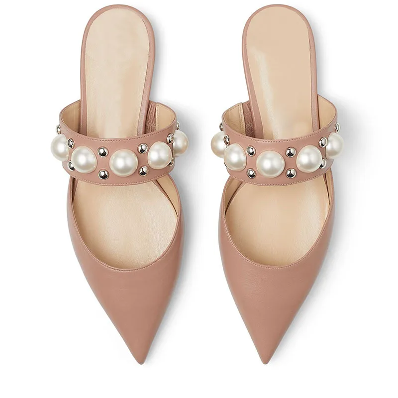 Sweet Pearl Sandals Summer Concise Women Shoes Fashion Pointed Toe Mules Sandalia Mujer Outdoor Party Casual Flats Plus Size 43