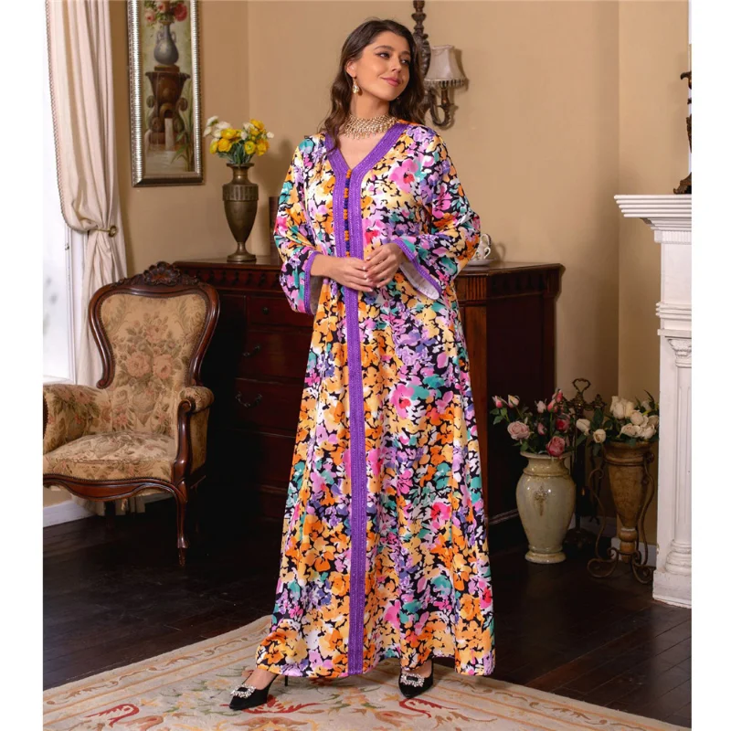 Eid Ramadan Muslim Abayas Floral Print Women Hijab Dress Dubai Islamic Turkey Kaftan Long Robe Femme Musulmane Caftan Clothing