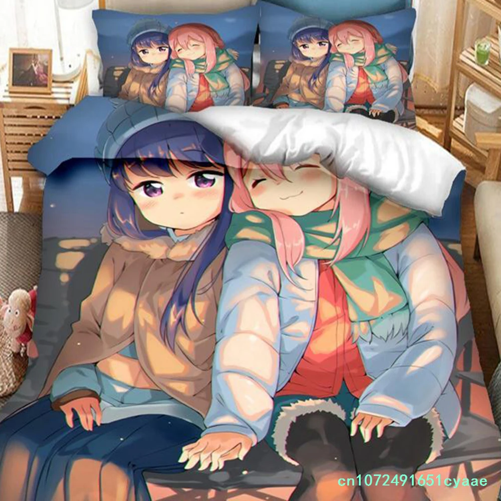 Фото Новый комплект постельного белья с 3D-принтом «Аниме Yuru Camp»: пододеяльники, наволочки, 2/3 предмета, комплекты для кровати, домашний текстиль №3