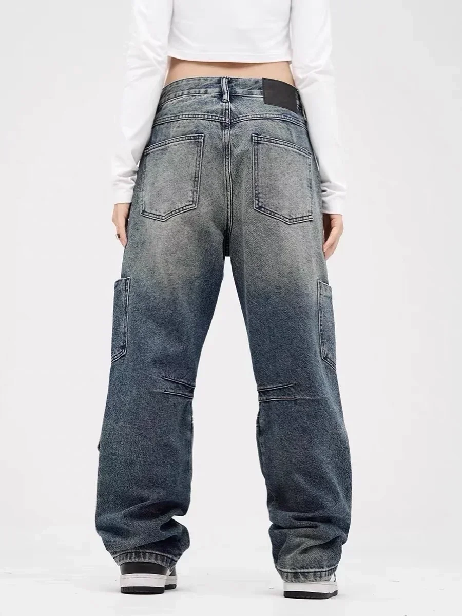 niebieskie jeansy damskie 2024 модные винтажные уличные брюки в стилі хіп-хоп широкие прямые