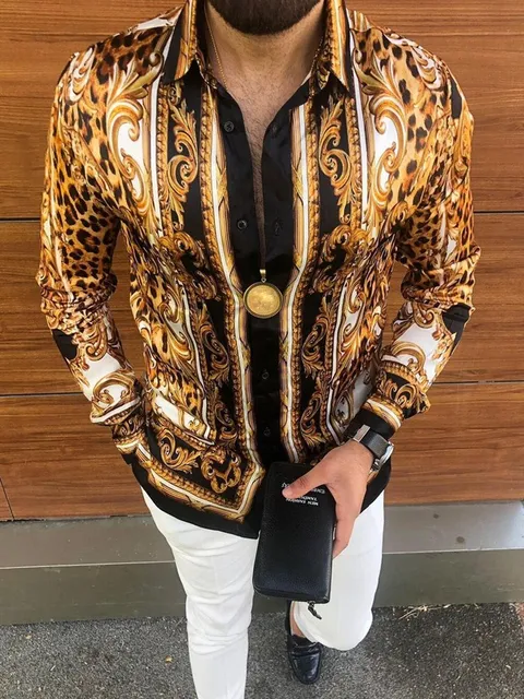 Men's New Print Shirt Luxury Gold Leopard Print Clothing Loose Long Sleeve Beach Holiday Tops Tee S-3XL 5