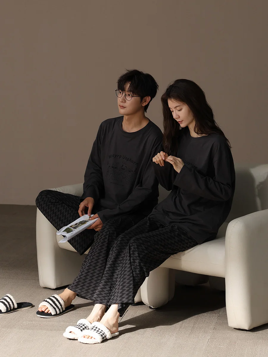 2024 New Couple Pajamas Men's and Women's Spring Autumn Cotton round Neck Long sleeve Trousers Teenagers High-End Home We...