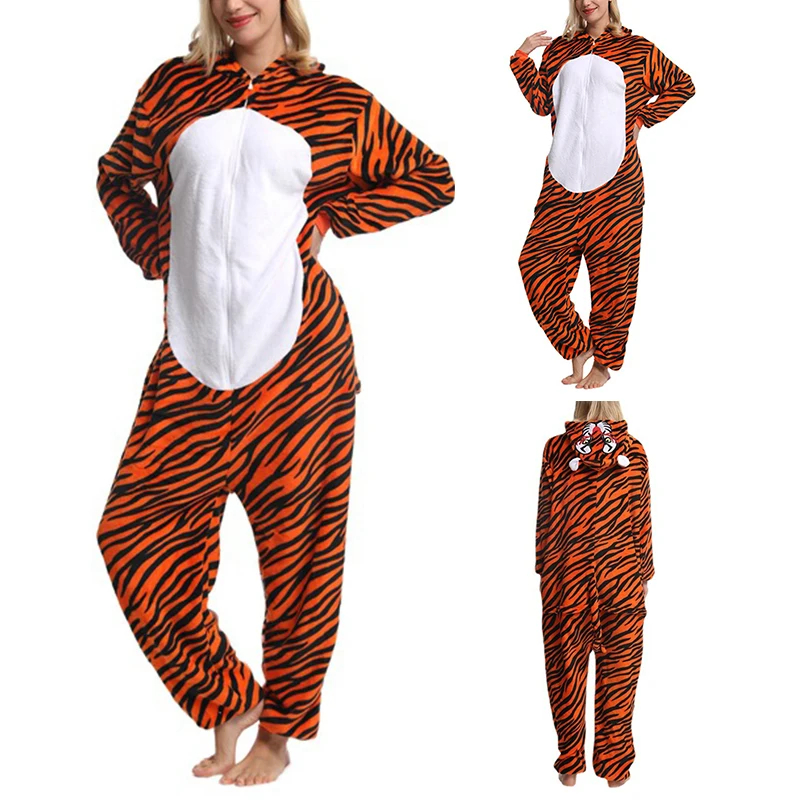 

Halloween Tiger Onesies Costume Unisex Tiger Pajamas Flannel Cosplay One Piece Christmas Animal Tiger Costume Sleepwear Homewear