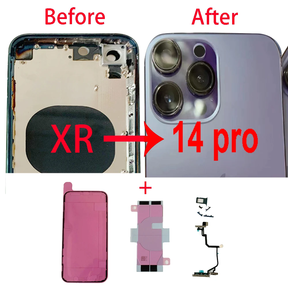 Diy For iPhone XR housing like to 14 pro Battery Back Cover + Middle Chassis Frame + SIM Tray + Side Key Parts Housing Repair Pa