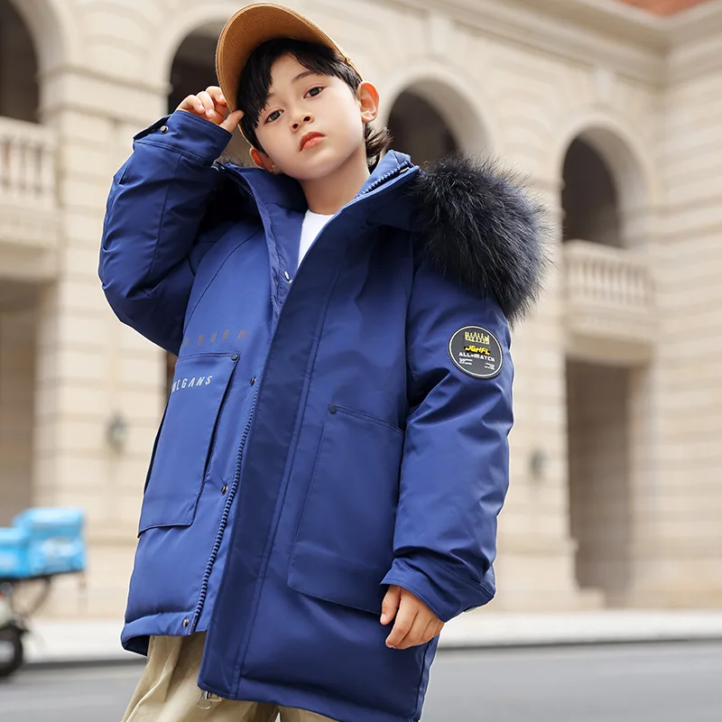 

New duck down thermal coat Boys' royal blue fashion winter clothes Middle and big children hooded down jacket Natural fur collar