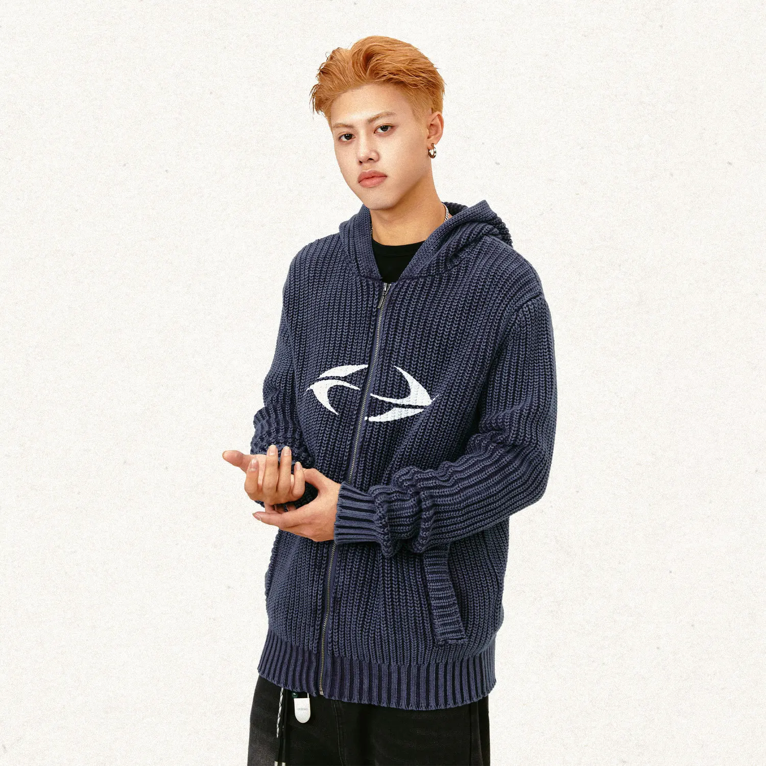 

MADE EXTREME Logo Zip Up Cardigans Hooded Sweater Men Casual Knitted Sweater Men