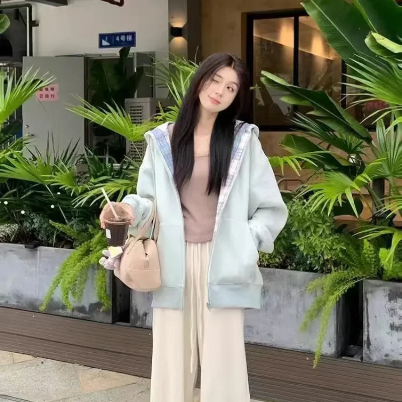 Толстовки с капюшоном женские карманы напуском винтажные клетчатые плюс