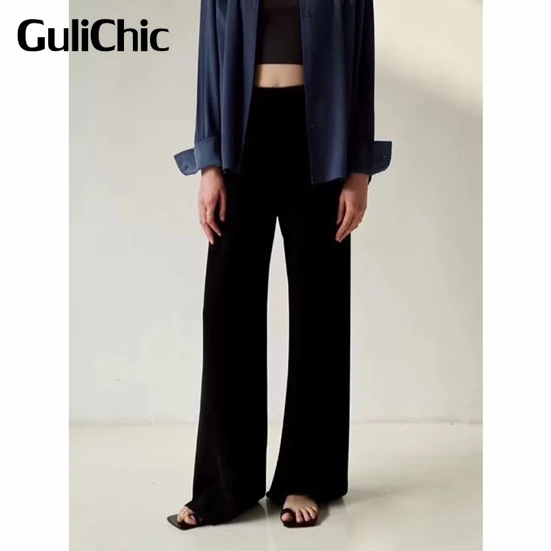 

5.27 GuliChic Women Fashion Elastic Waist Draped Loose Comfortable Solid Color Wide Leg Pants