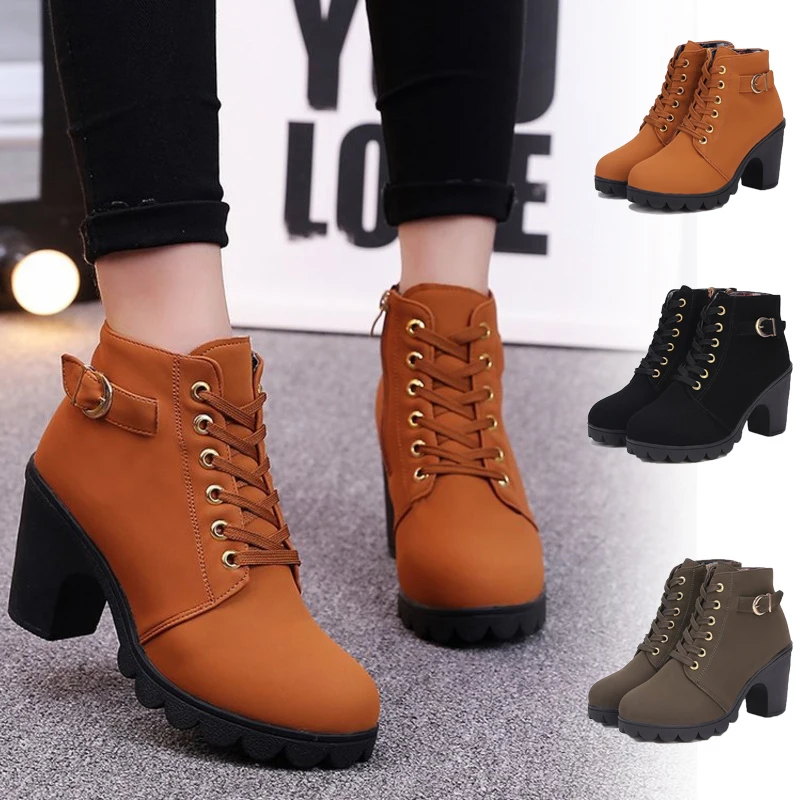 

Women High Heel Ankle Boots Gothic Lace Up Martin Botas Retro Suede Leather Short Booties Black Roman New Ladies Platform Shoes