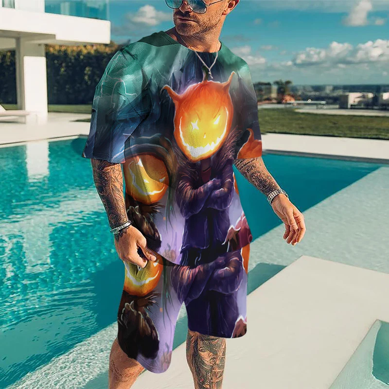 New Summer Halloween Sets Pumpkin Head Men Sports Jogging T Shirt Tracksuit Party Suit 3D Printed Breathable Popular Clothes