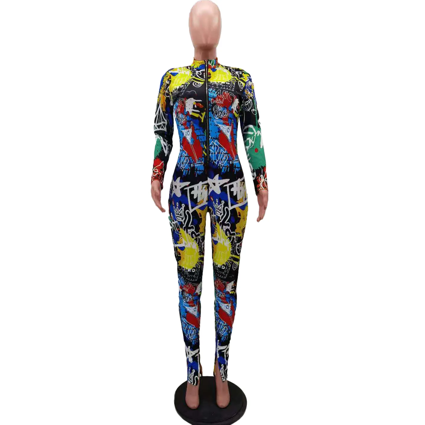 HM6359 Ladies Casual Jumpsuit Spring Autumn Women's Sexy Streetwear Fashion Zip Print Slim Fit Jumpsuit Women