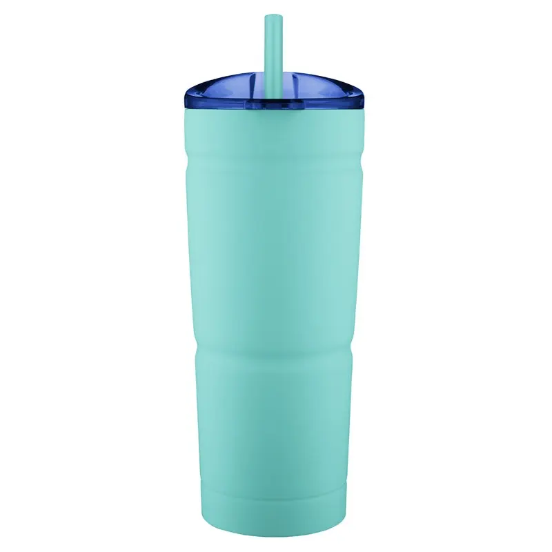 

Rubberized, Teal 24 oz. Insulated Stainless Steel Tumbler with Straw - Stay Hydrated and Keep Your Drinks Hot or Cold for Hours.