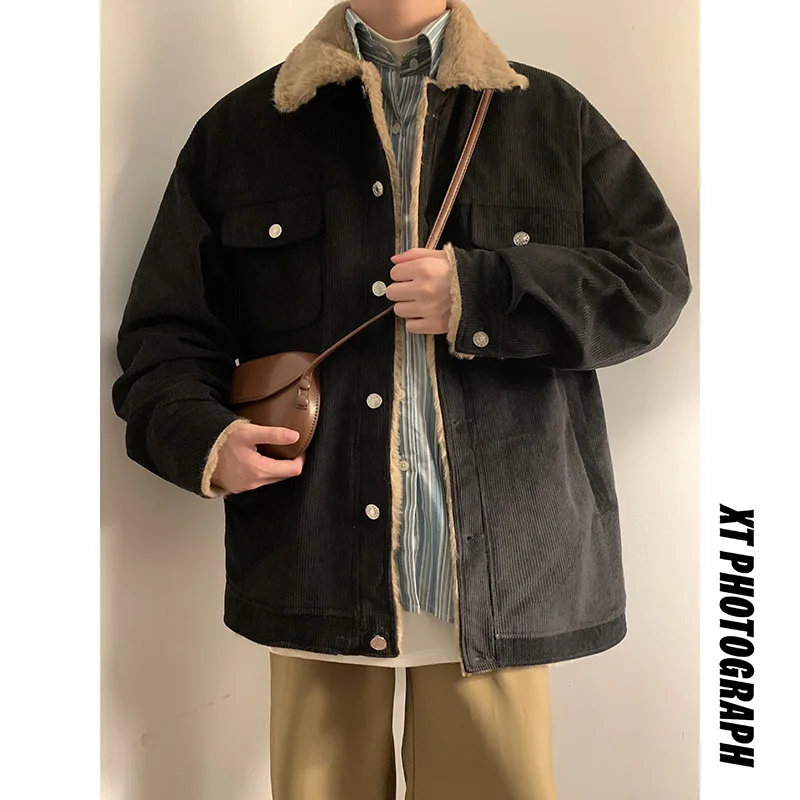Winter Thicken Corduroy Jacket Men Warm Fashion Retro Lamb Wool Jackets Mens Streetwear Korean Loose Thick Short Coat Men M-2XL