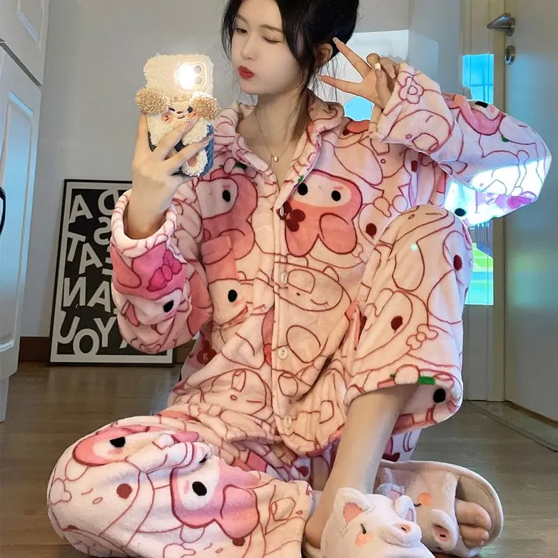 

Autumn Winter Kuromi Pajamas Female Sanrios Coral Fleece Anime My Melody Student Ins Dormitory Kawaii Cartoon Tracksuit Set