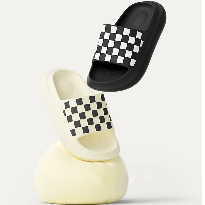 

Summer Women Men Thick Platform Slippers Soft Checkerboard Non-Slip Indoor Outdoor Sandals Neutral Flat Flip flops Ladies Shoes