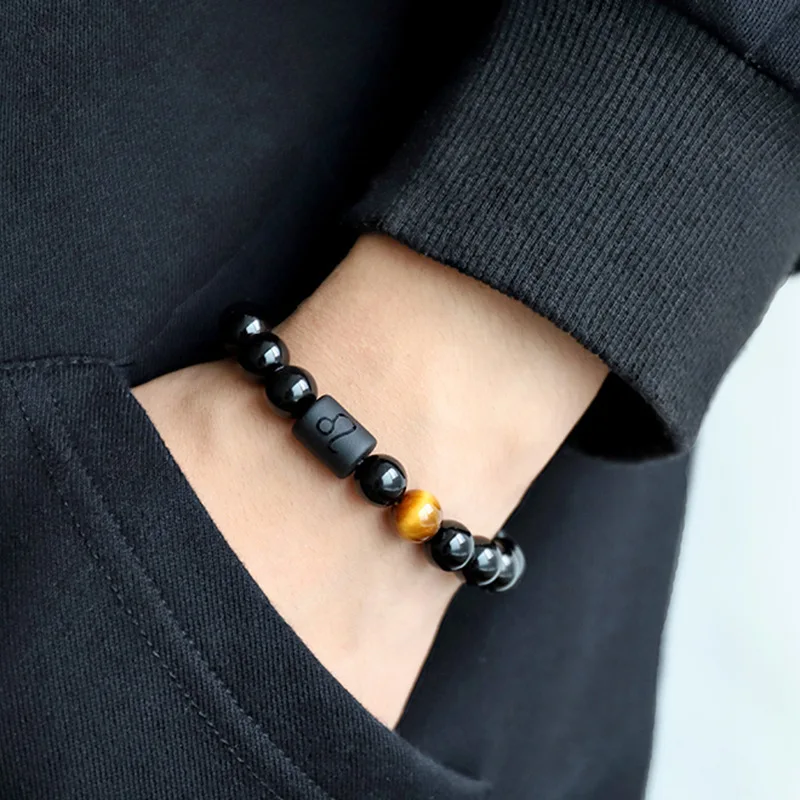

New Black Stone Beads 12 constellation Couple Bracelet Men Women Unisex Natural Agate Masculina Hombre Jewellery Bracelets