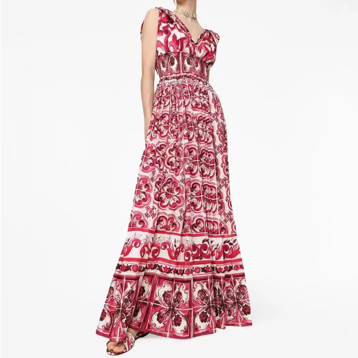 

Elegant And Pretty Women's Dresses 2023 Summer Korean Fashion Print Long Dresses V-neck High Waisted Open Back Large Swing Skirt
