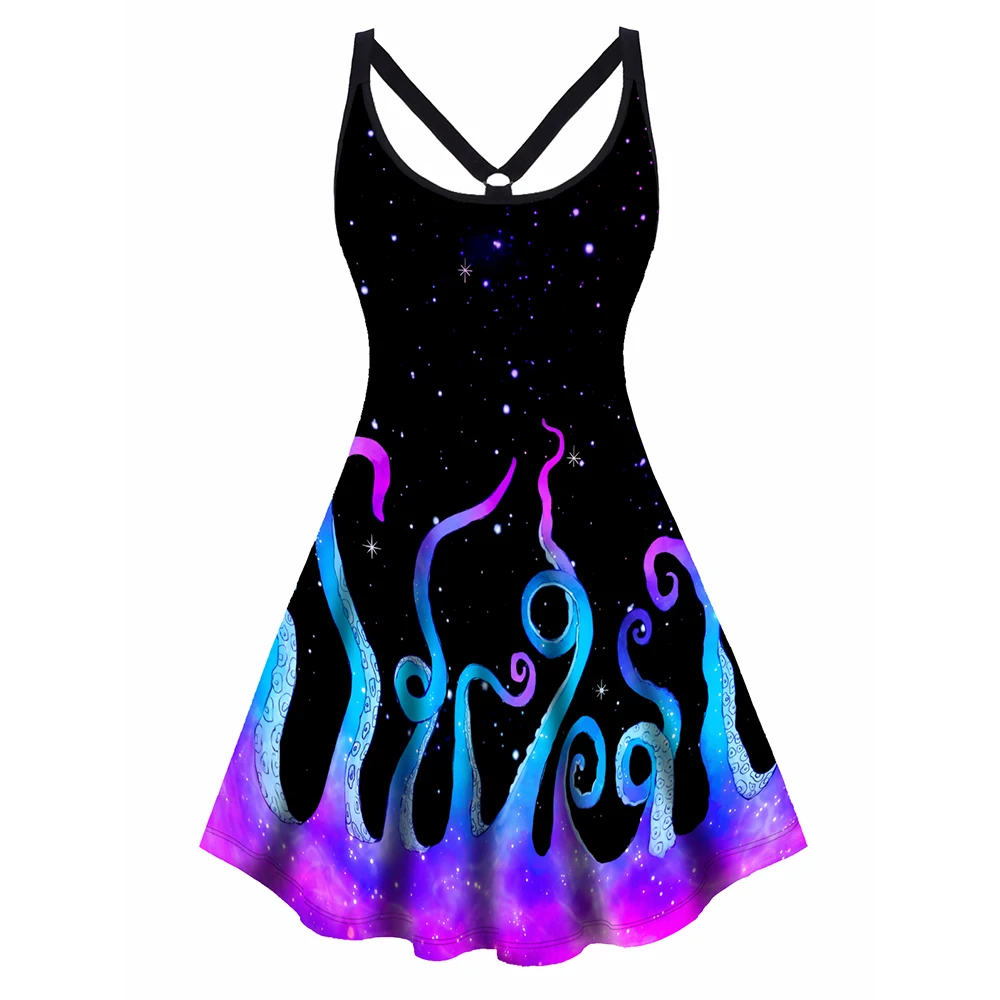 

Women's Summer Sleeveless Dress Plus Size Dress Galaxy Octopus Print Cut Out High Waisted A Line Mini Casual Dress 2023