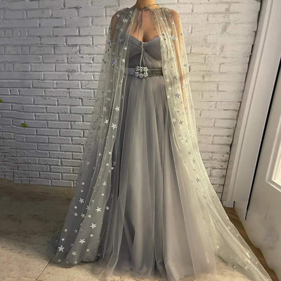 

Gorgeous Sweetheart Neckline Formal Evening Dress with Cape Silver Prom Gown A-Line Long Party Dress Vestido de Festa