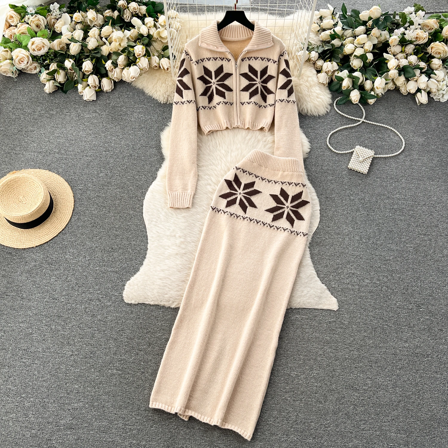 

Clothland Women Elegant Knitting Print Jacket Skirt Suit Long Sleeve Short Style Coat Long Skirts Retro Two Piece Set TA190