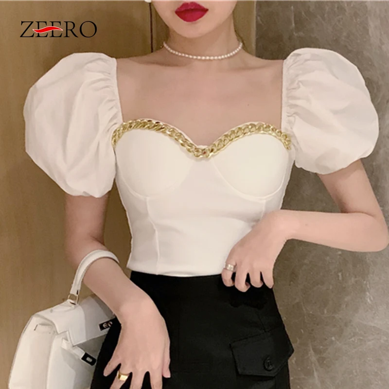 

Summer Blouses Women Chain Strapless Short Puff Sleeve Back Elastic Korean Clothes Fashion White Black Shirts Ladies Cropped Top