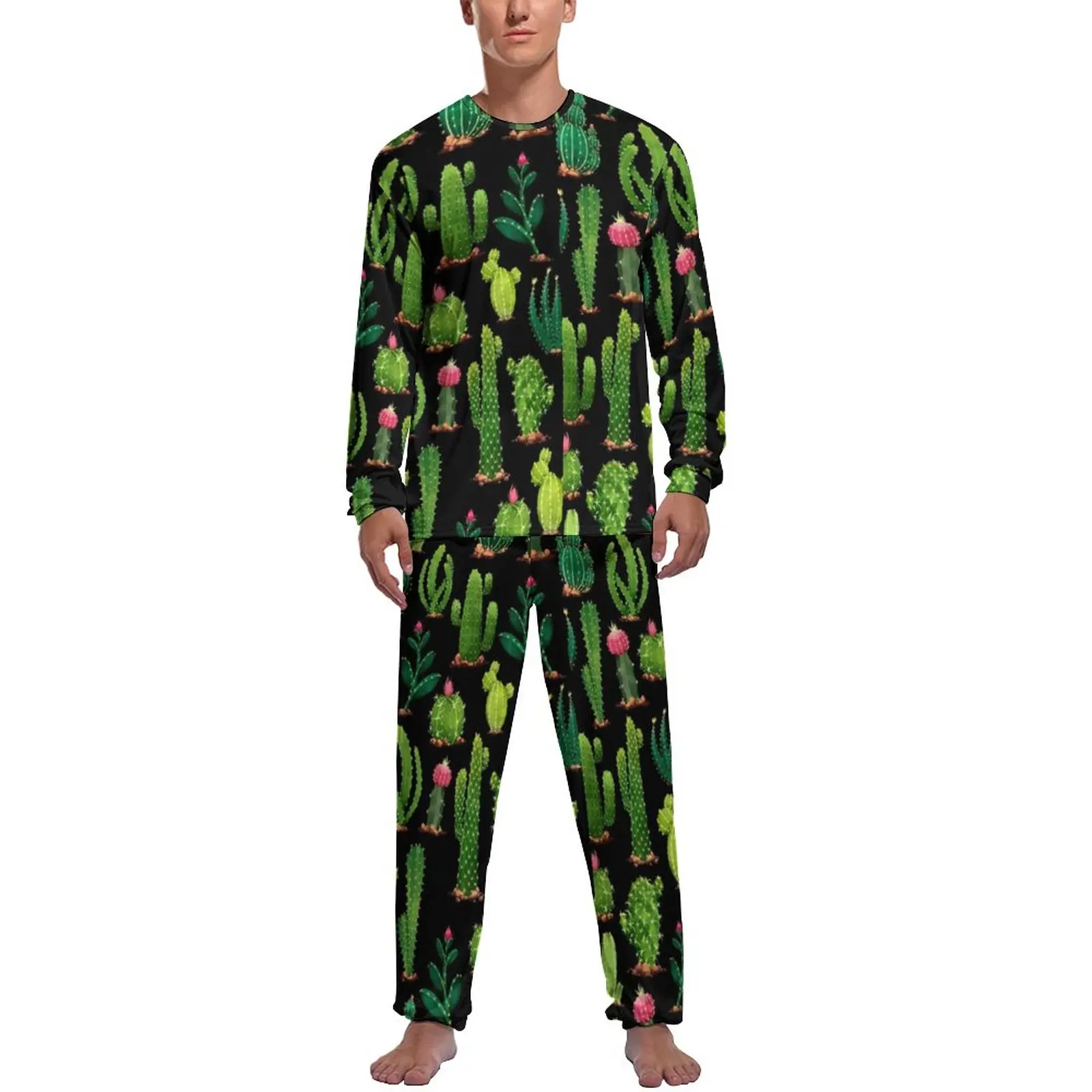 

Пижама с кактусами, Мужская романтическая Пижама с растениями, листьями, Весенняя пижама с длинным рукавом, 2 предмета, повседневные пижамные комплекты с узором