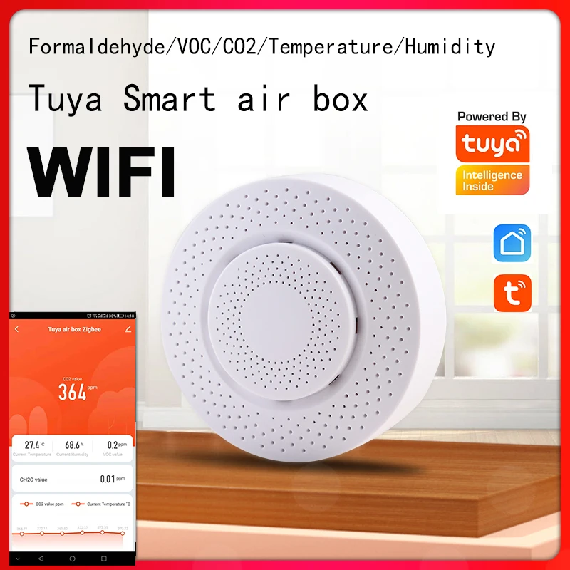 

5 in 1 Tuya Smart Carbon Dioxide Detector Quality Air Detector WIFI Formaldehyde Humidity Temperature CO2 VOC Air Detector