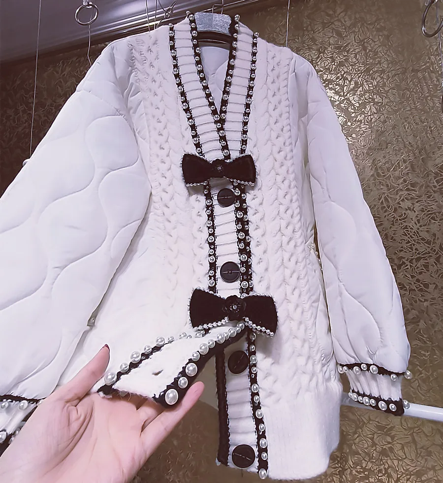 New Fashion Diamond Luxury Small Fragrant Bowknot Pearl Loose Cotton Padded Coat Large Size Warm