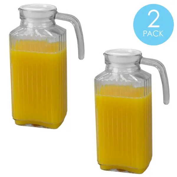 

Embellished Glass 1.8 Lt Decorative Beverage Pitcher with No-Mess Pouring Spout and Solid Grip Handle, Clear (2-Pack)