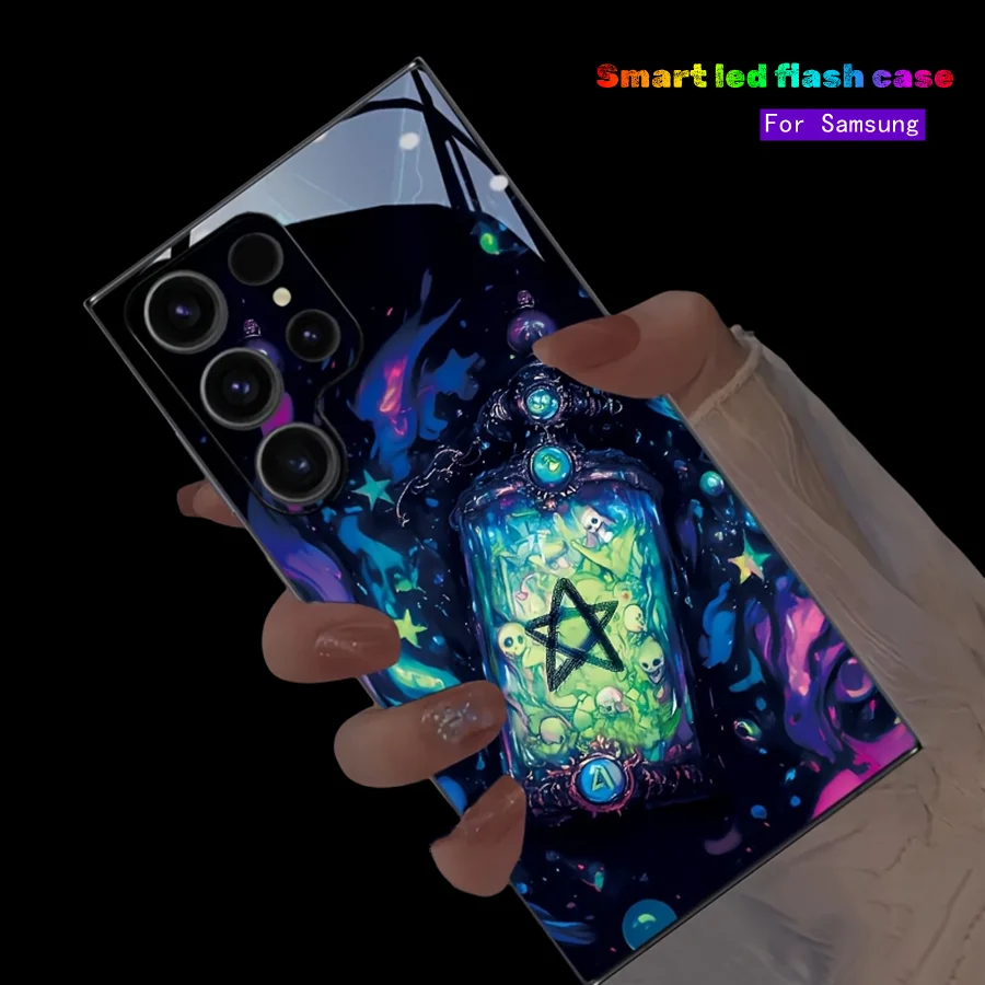 Фото Светящийся чехол для телефона Starry Drifting Bottle для Samsung S25 S24 Ultra S22 S23 S21 Ultra FE Plus Skull LED Flash Cover Capas Bags №1