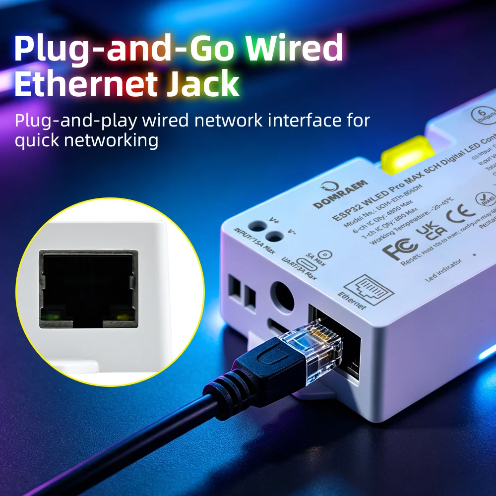 Фото DOMRAEM ESP32 Pro MAX WLED 6-канальный цифровой контроллер светодиодных пикселей Ethernet WiFi UART PDM Mic Relay с синхронизацией музыки для WS2812B SK6812, совместимый с Alexa №2