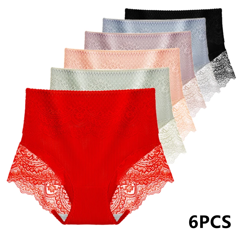 6PCS Women's Cotton Underwear High Waist Antibacterial Panties Sexy Lace Seamless Tummy Briefs Ladies Triangle Shorts Large Size