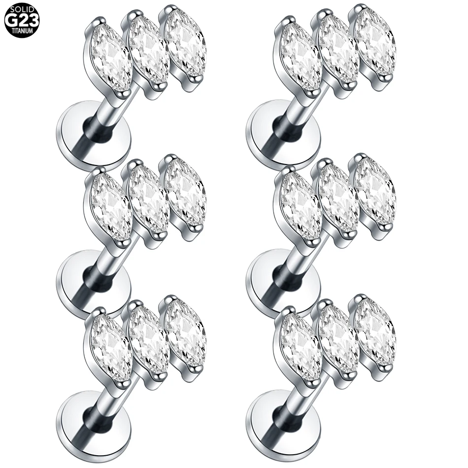 Серьги-гвоздики с титановым покрытием G23 украшение для пирсинга тройным камнем