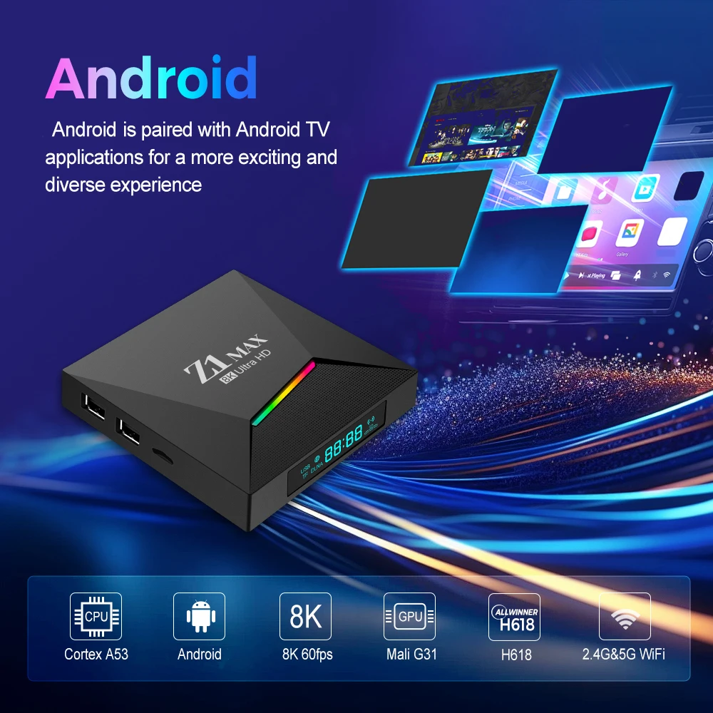 Фото Z1 Max TV Box Android 15 iptv Allwinner H618 Четырехъядерный процессор 4G 5G Dual WiFi HD 8K 4K Медиаплеер BT 5.0 Поддержка голосового дистанционного управления TV Box №3