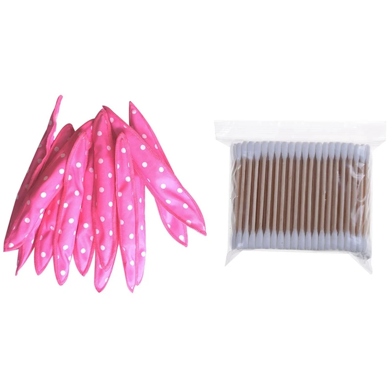 

200 Pcs Wooden Handle Double Tips Cotton Buds & 10 Pcs Hair Curlers Soft Sleep Pillow Hair Rollers Set Best Flexible