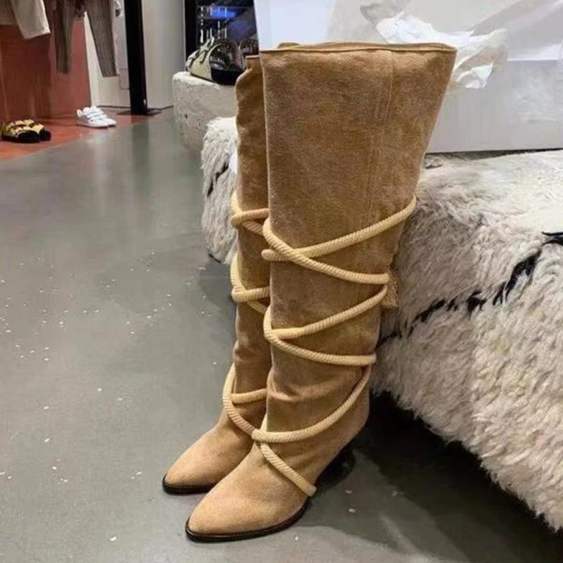 Soft Suede Leather Short Boots Autumn Winter Daily Shoes Spike High Heel Women's Knee high Boots Cross Rope