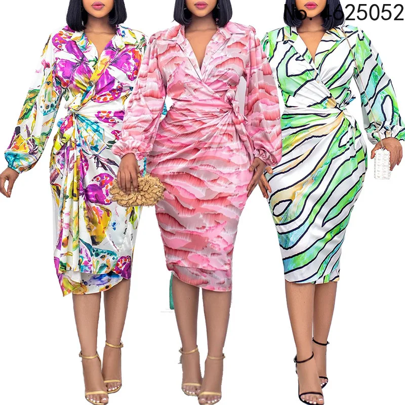 

Африканские платья для женщин, летнее Африканское женское платье из полиэстера с принтом и V-образным вырезом, розовое, зеленое платье до ко...
