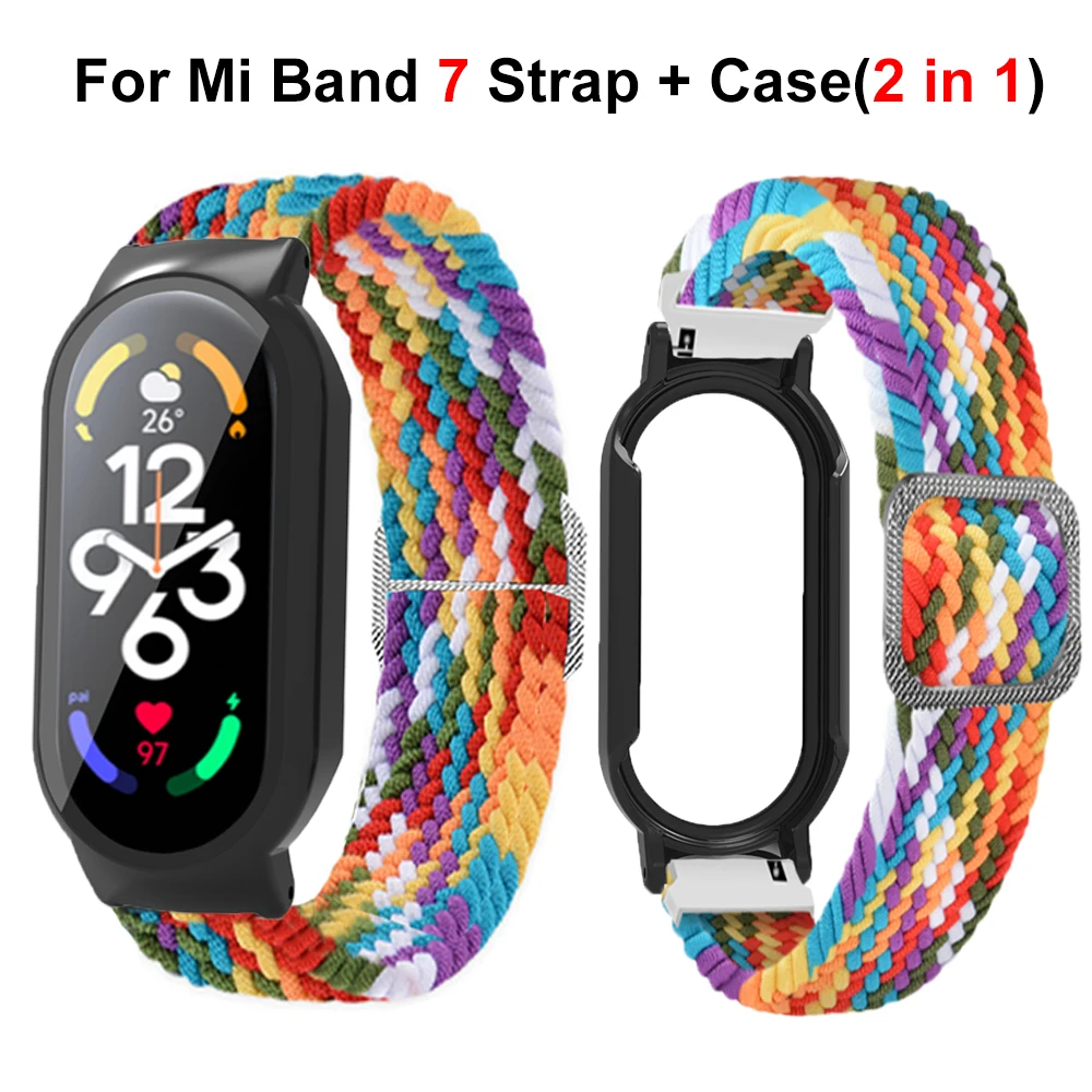 

For Mi Band 7 Strap Adjustable Elastic Braided Nylon Wristband with Case For Mi Band 7 Bracelet Replacement Watch Band