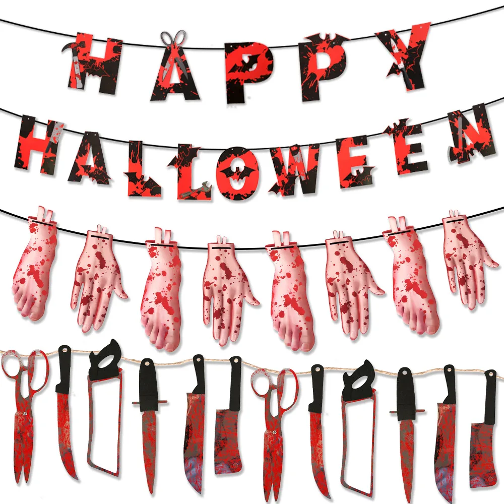 

Halloween Banner Garland Horror Blood Knife Garland Hanging Paper Bunting Flag For Halloween Ghost Party Home Decoration Props