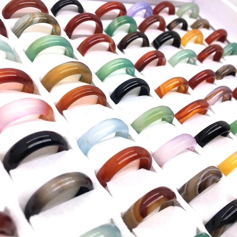 50pcs/Lot Men Womens Natural Stone Agate Rings Mix Colors Vintage Jewelry 6mm Finger Band Accessories Party Gifts Wholesale Lot