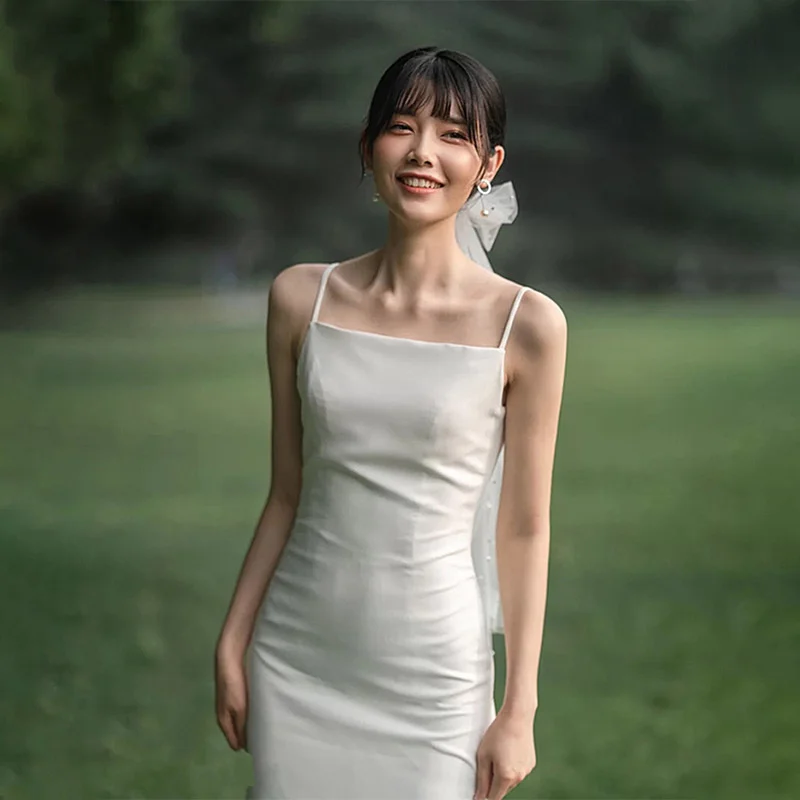 

Simple suspender Satin light wedding dress, bareback, slim, super xiansen series travel photo out dress, bridal dress