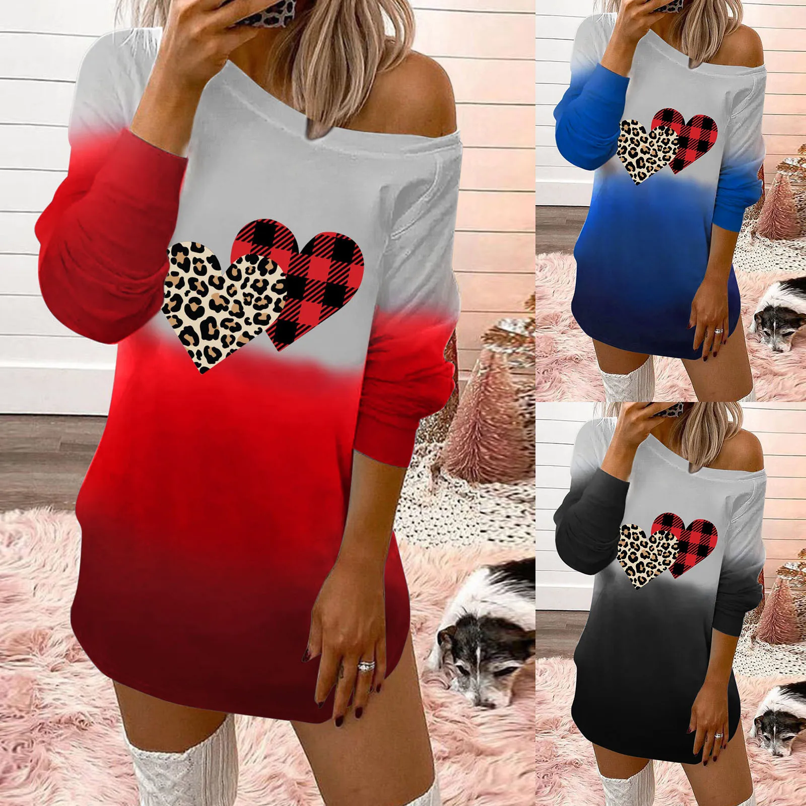 

Women's Valentine's Day Casual Prints O-Neck Off-Shoulder Long Sleeves Dress Seersucker House Dresses for Women